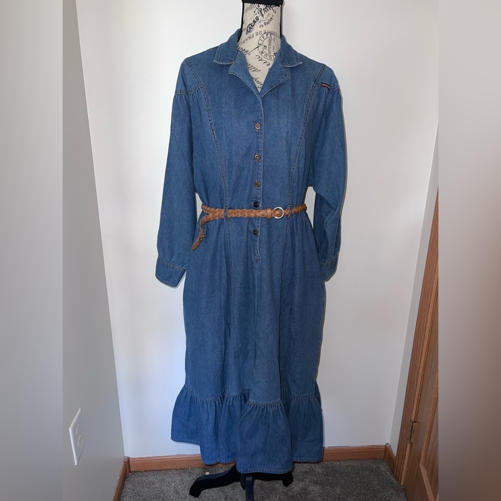 Jordache 80s Vintage Denim Prairie Dress Button Front Ruffle Hem Belted 15/16 - Picture 2 of 13